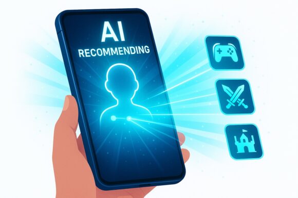AIがスマホからユーザーに最適なゲームをおすすめしている未来的イメージ