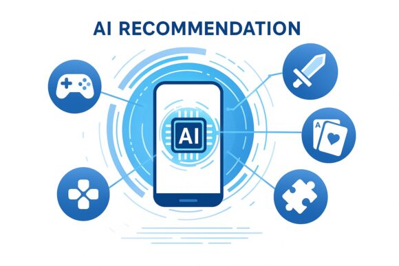AIが複数のゲームアイコンを解析してレコメンドを生成する概念図